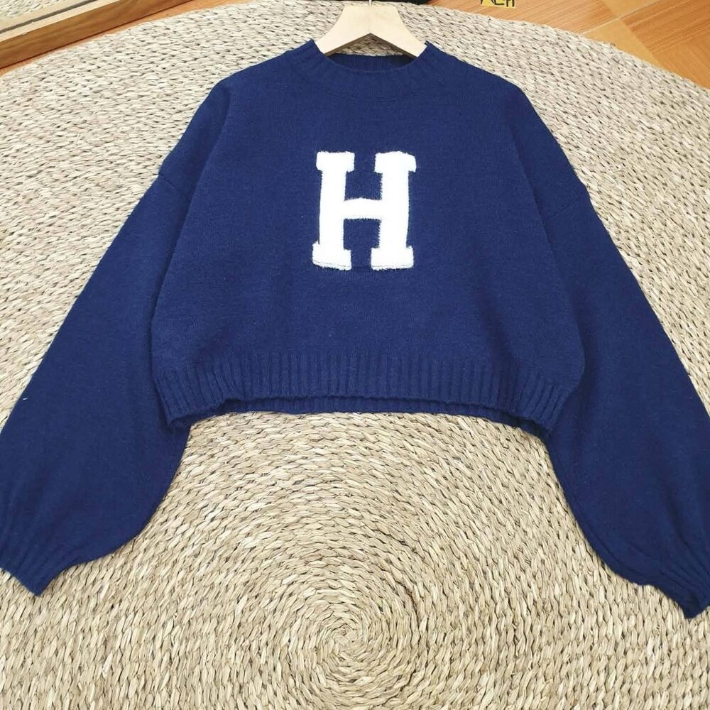 Navy Blue Varsity Letter H Knit Crop Sweater Preppy College Pullover